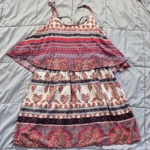 Altar'd State Boho Tiered Paisley Mini Dress, Large, Red & Blue